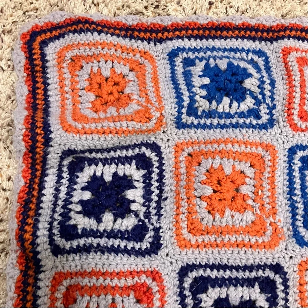 Vintage‎ Handmade Crochet Granny Square Afghan Blanket Orange Grey Blue 55x65